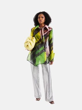 Hanifa Nova Sheer Striped Button-Up Blouse in Lime & Black